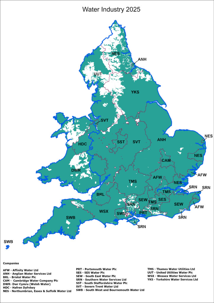 Map of water companies supply zones in England and Wales. 