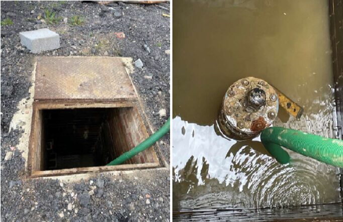 Open underground chamber with a square access hatch and a hose fed into the opening from the surface. Adjacent image shows the interior of the chamber partially filled with cloudy water, with a submerged valve assembly connected to the hose.