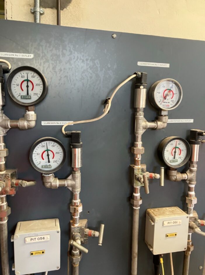 A wall-mounted instrumentation panel containing four analogue pressure gauges connected to metal pipework, valves and pressure switches. The gauges are arranged in two vertical columns and display pressure ranges from approximately 0 to 250 units, with colour-coded green and red operating zones. White identification labels are mounted above and beside the gauges, including references to ‘Llangynfarch No. 1 Outlet’ and ‘Llangynfarch No. 2 Outlet’. Two grey electrical junction boxes labelled ‘PIT 056’ and ‘PIT 051’ are mounted near the lower section of the panel. The equipment appears to be part of a water treatment, pumping station or service reservoir monitoring system. The panel surface shows signs of age and use, with visible staining and weathering.